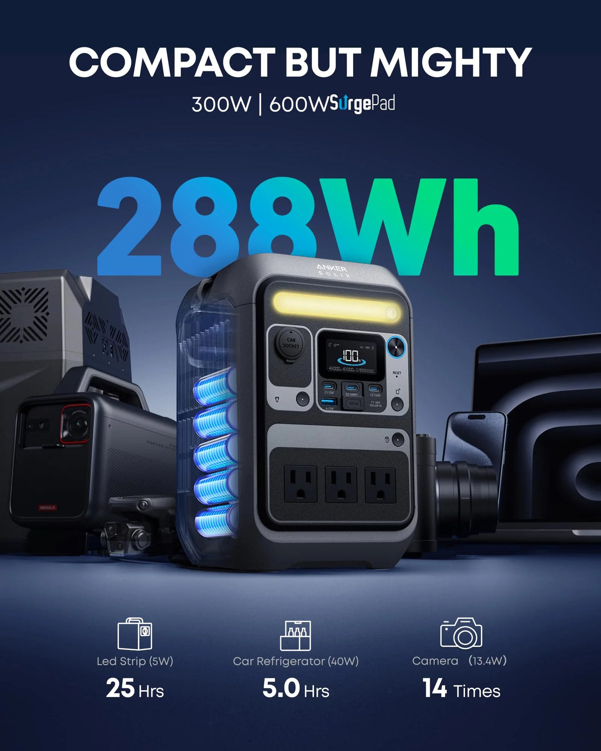 C300 Portable Power Station, 288Wh Solar Generator for Camping